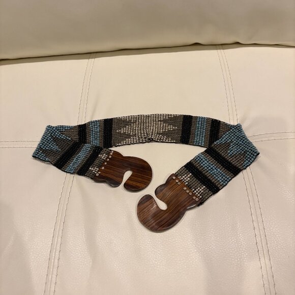 Blue/Gray Beaded Mosaic Stretch Belt with Wood Clasp - Picture 2 of 4